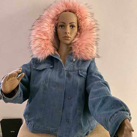jean jacket with pink fur hood